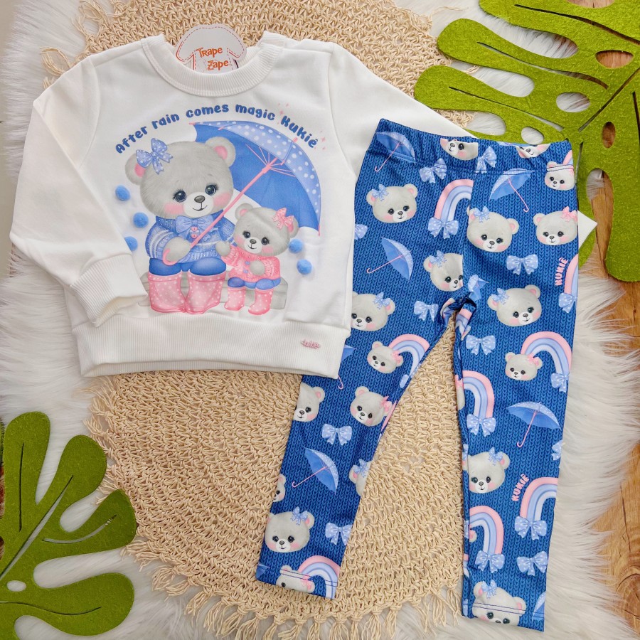  Conj. Casaco Ursinhas After Rain e Calça Legging - Off White e Azul